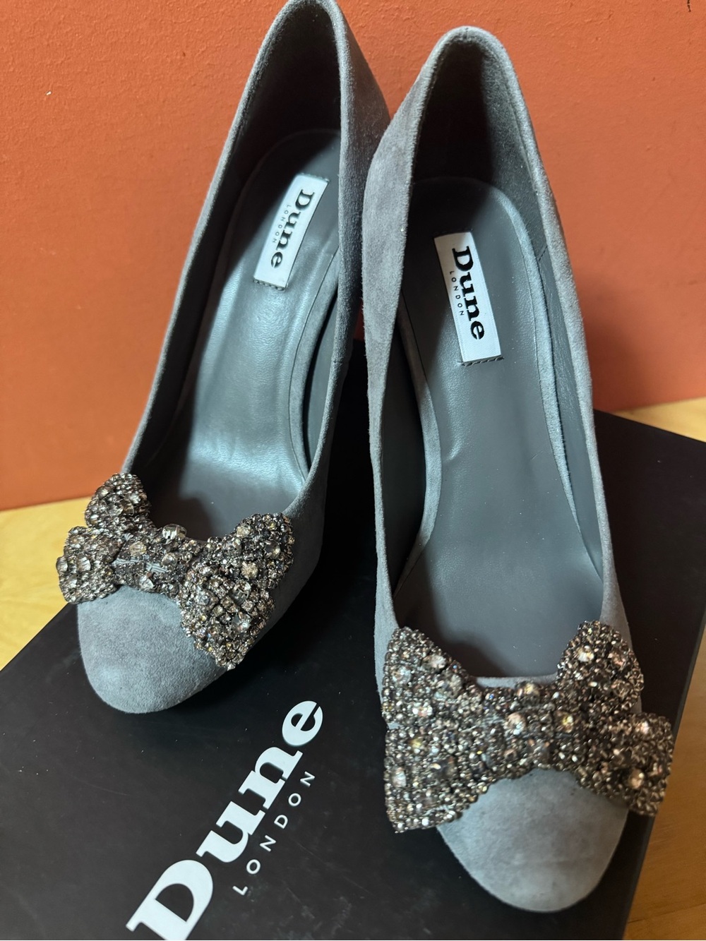 NIB Dune London Grey Suede Bambi Diamanté Bow Heels Size 38